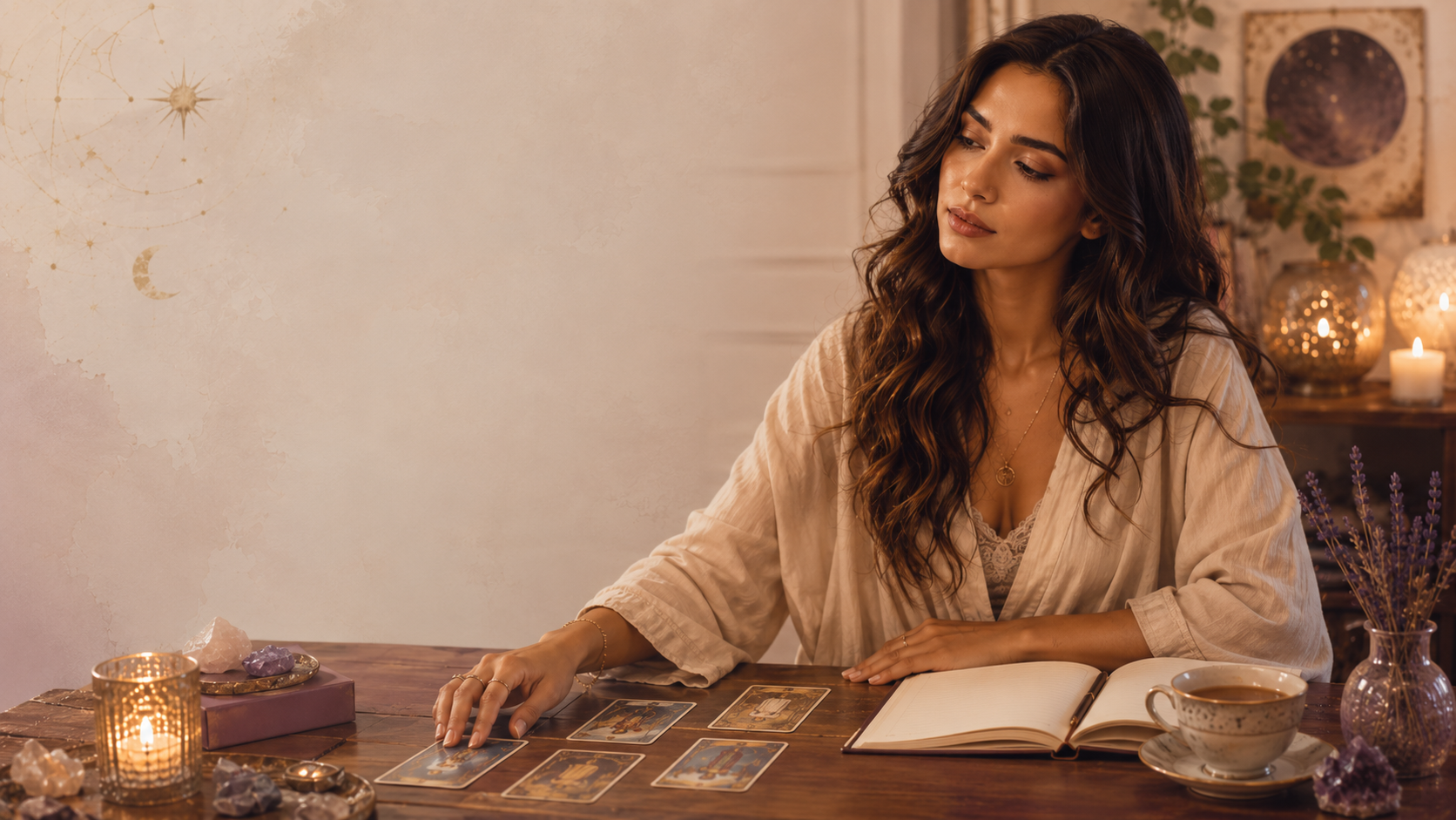 Woman reflecting on love tarot questions while reviewing a tarot card spread 1.00