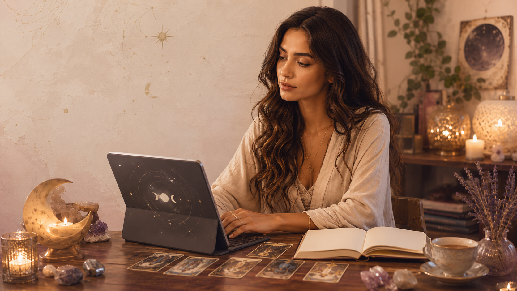 Woman using an AI tarot reading on a tablet beside tarot cards and a journal 1.00