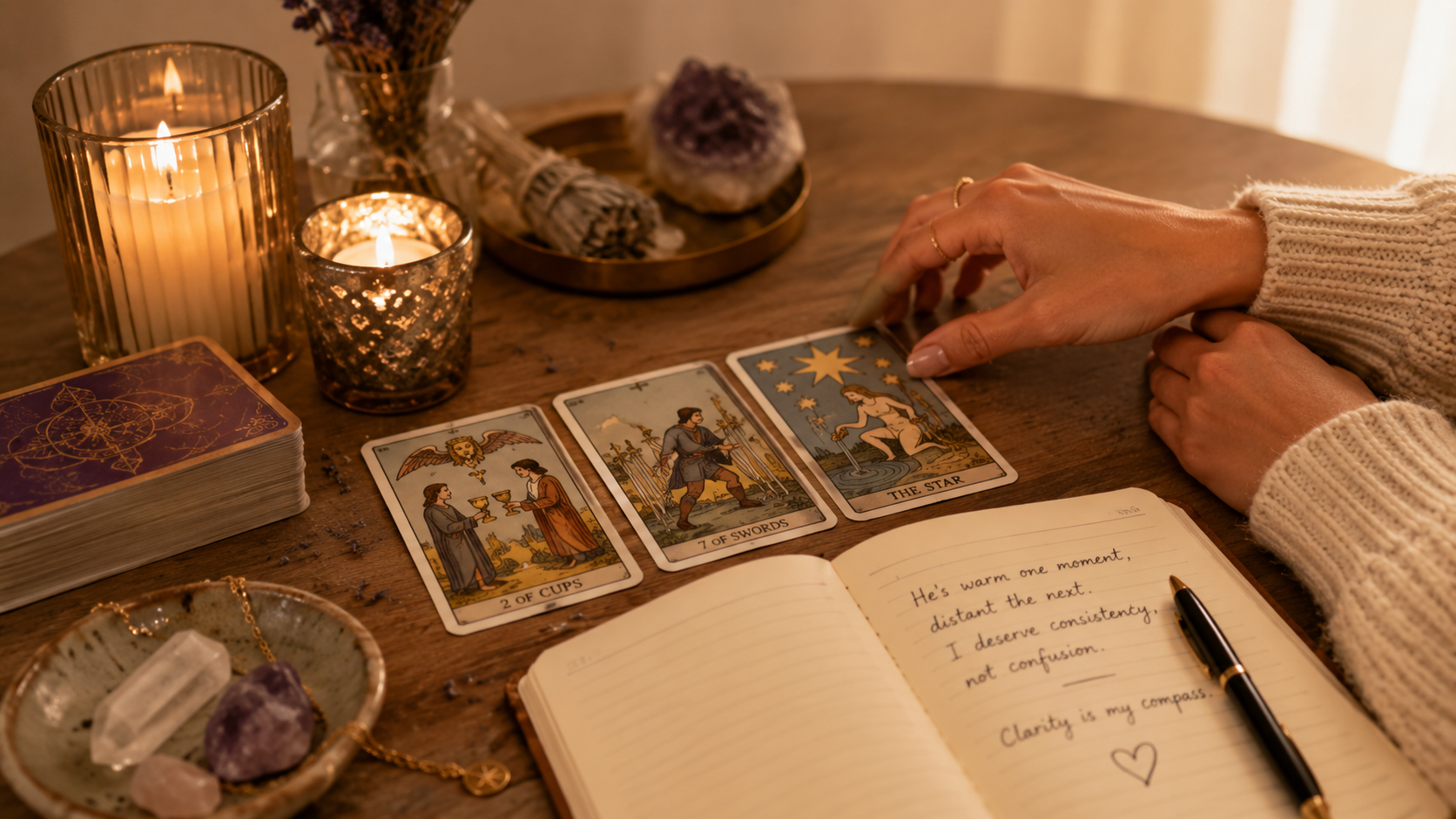 MysticX tarot spread for mixed signals, emotional inconsistency, and love clarity. 1.00