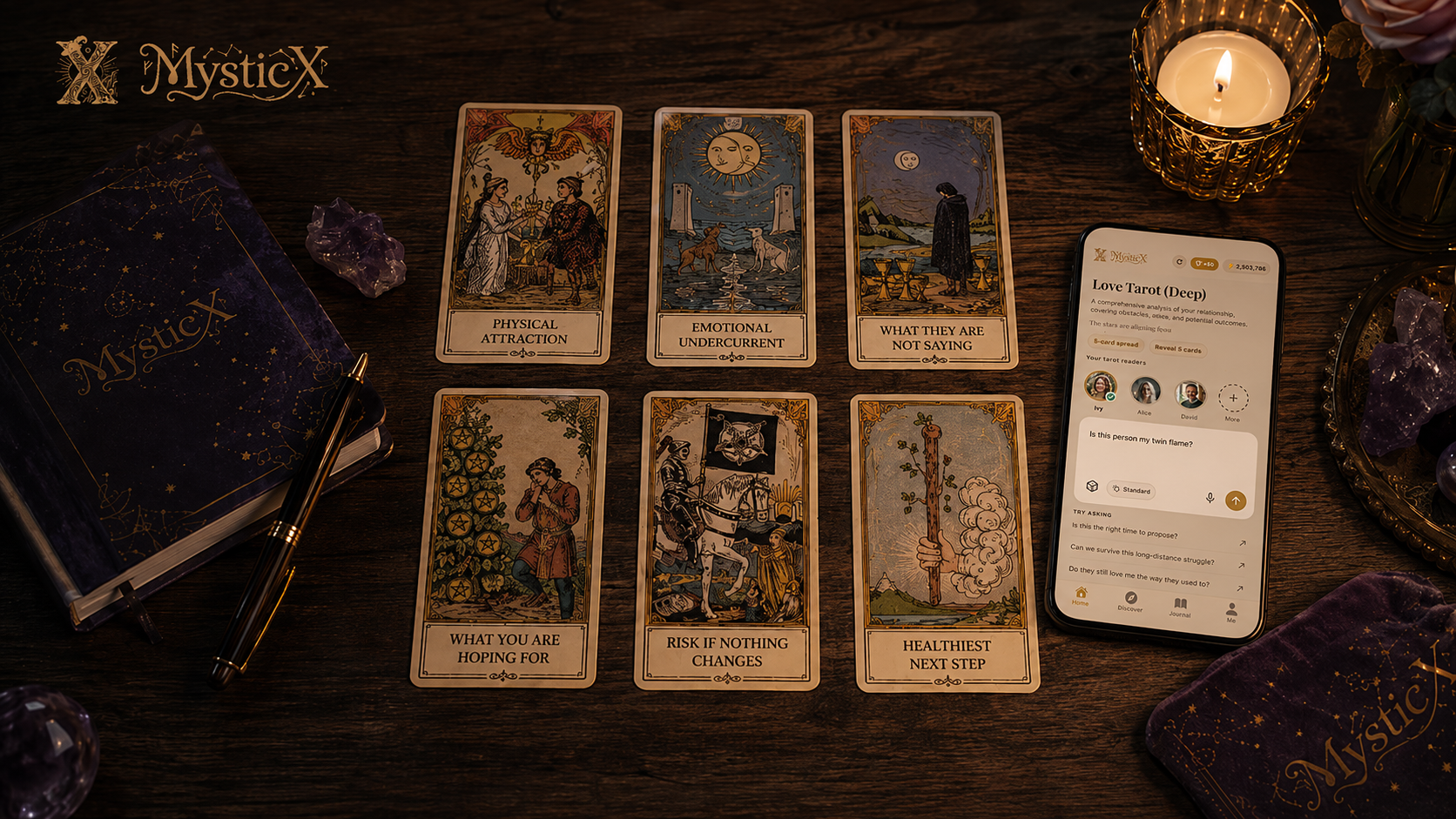 Six-card FWB tarot spread for attraction, hidden feelings, boundaries, and the healthiest next step. 1.00