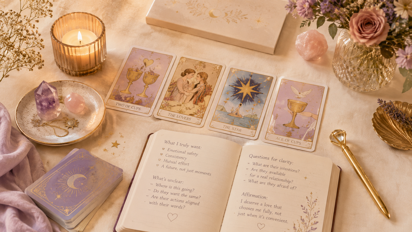MysticX tarot spread for understanding commitment, feelings, and relationship clarity. 1.00