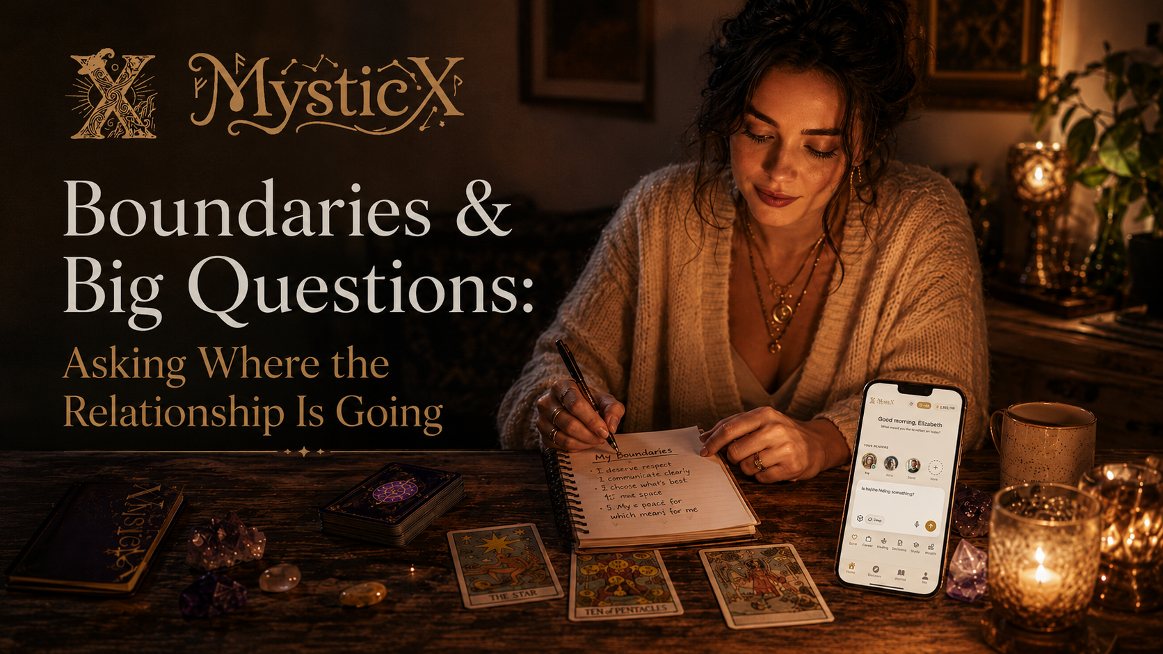 Love Tarot journaling scene about boundaries, emotional clarity, and asking where a friends with benefits relationship is going. 1.00
