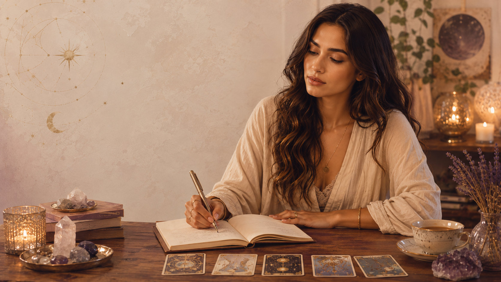 Woman writing a clear tarot question in a journal beside tarot cards and candles 1.00