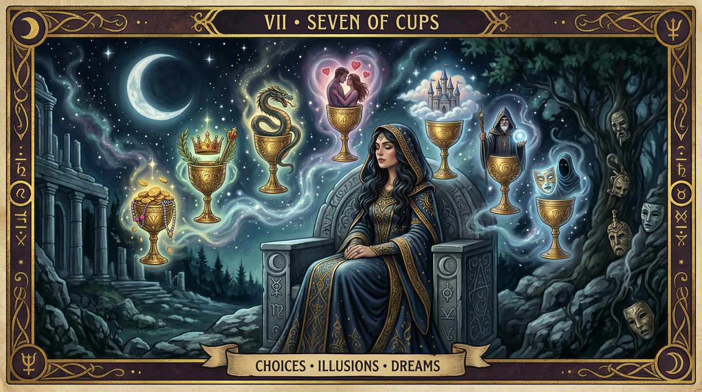 MysticX Tarot Series: Seven of Cups— Choices, Illusions & Dreams